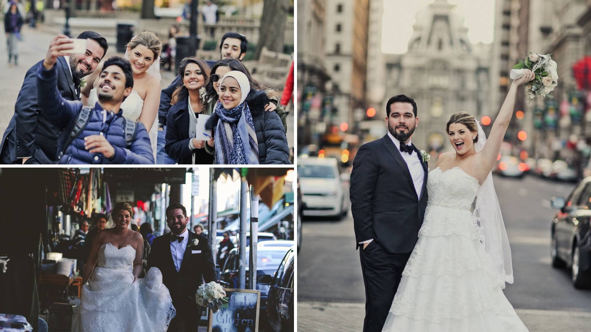 Three photos: Group selfie with six people outdoors; bride and groom walking indoors; bride and groom posing on a city street.