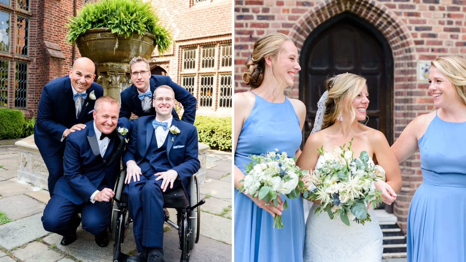 Group photo of four men in suits, one in a wheelchair, with a plant in the background; beside, a group of three women in blue dresses holding bouquets next to a bride in a white dress.