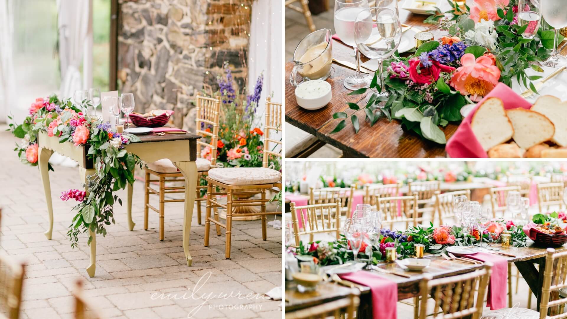 Wedding reception setup with elegantly decorated tables. Wooden tables adorned with glassware, plates, floral arrangements, and candles. Gold chairs and vibrant flowers create a festive atmosphere.