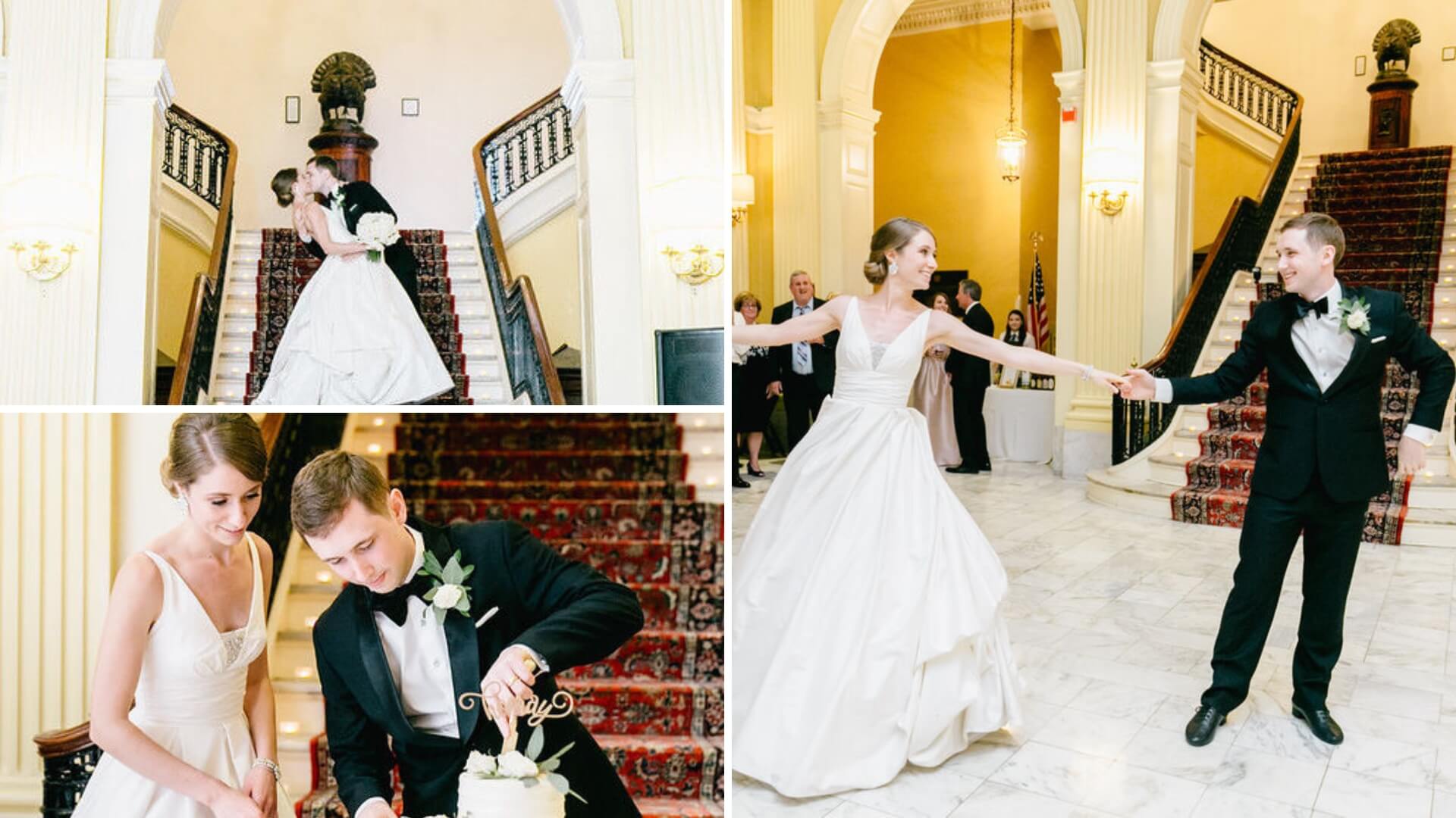 A bride and groom at a wedding; they walk up stairs, dance, and cut a cake in an elegant venue with grand architecture and a staircase.