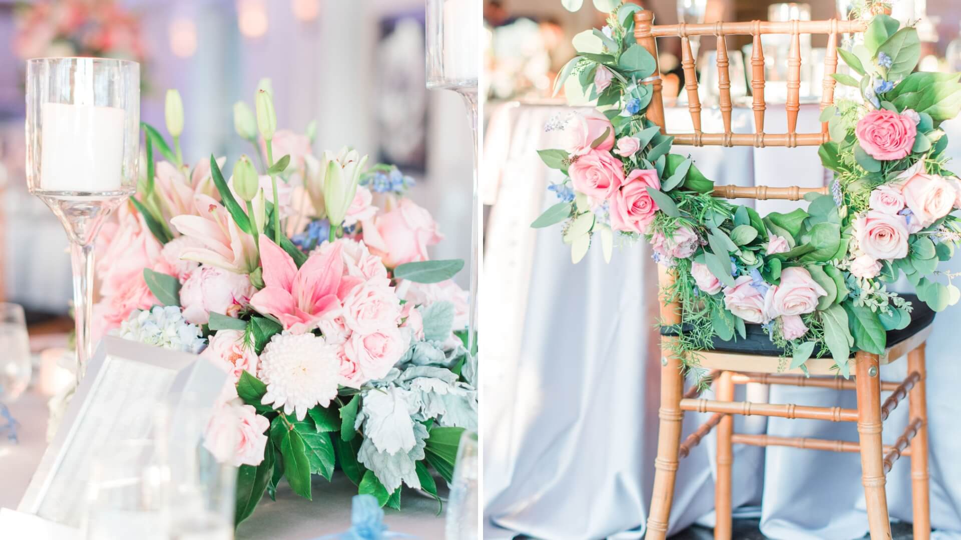 Floral centerpiece with pink lilies and roses on a table next to a wooden chair decorated with a rose and leaf wreath.