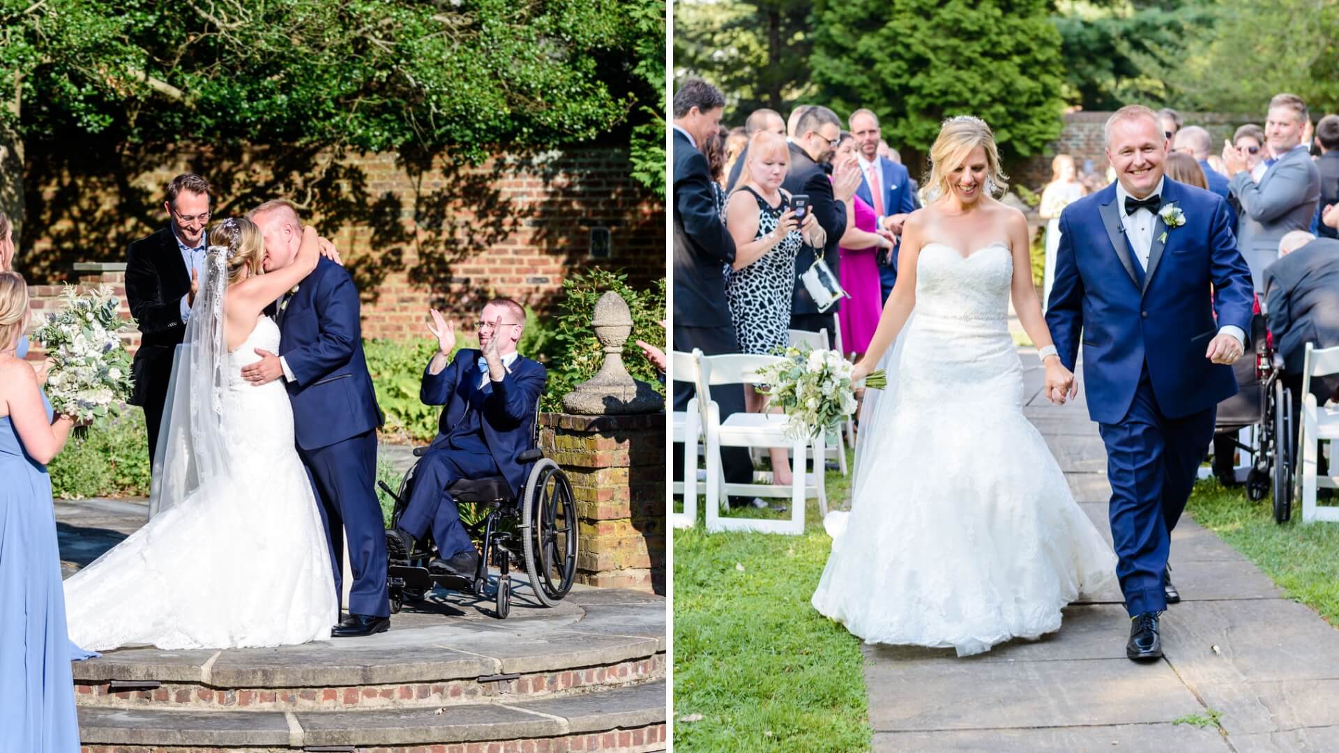 A couple gets married outdoors. On the left, they kiss at the altar, with a man in a wheelchair nearby. On the right, they walk down the aisle smiling, holding hands.