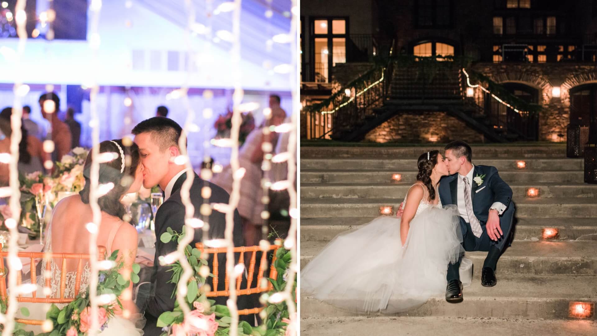 Two wedding photos: Left, a couple kisses at a reception with string lights. Right, the couple sits on steps outside at night, kissing. Bride in a white dress, groom in a suit.