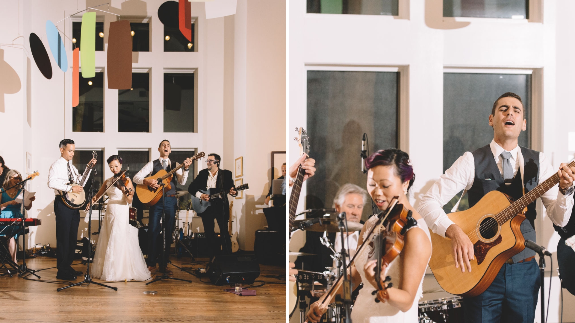 A band with three guitarists and a violinist performs indoors on a wooden floor. One guitarist sings with eyes closed. Large windows and hanging decor are visible.