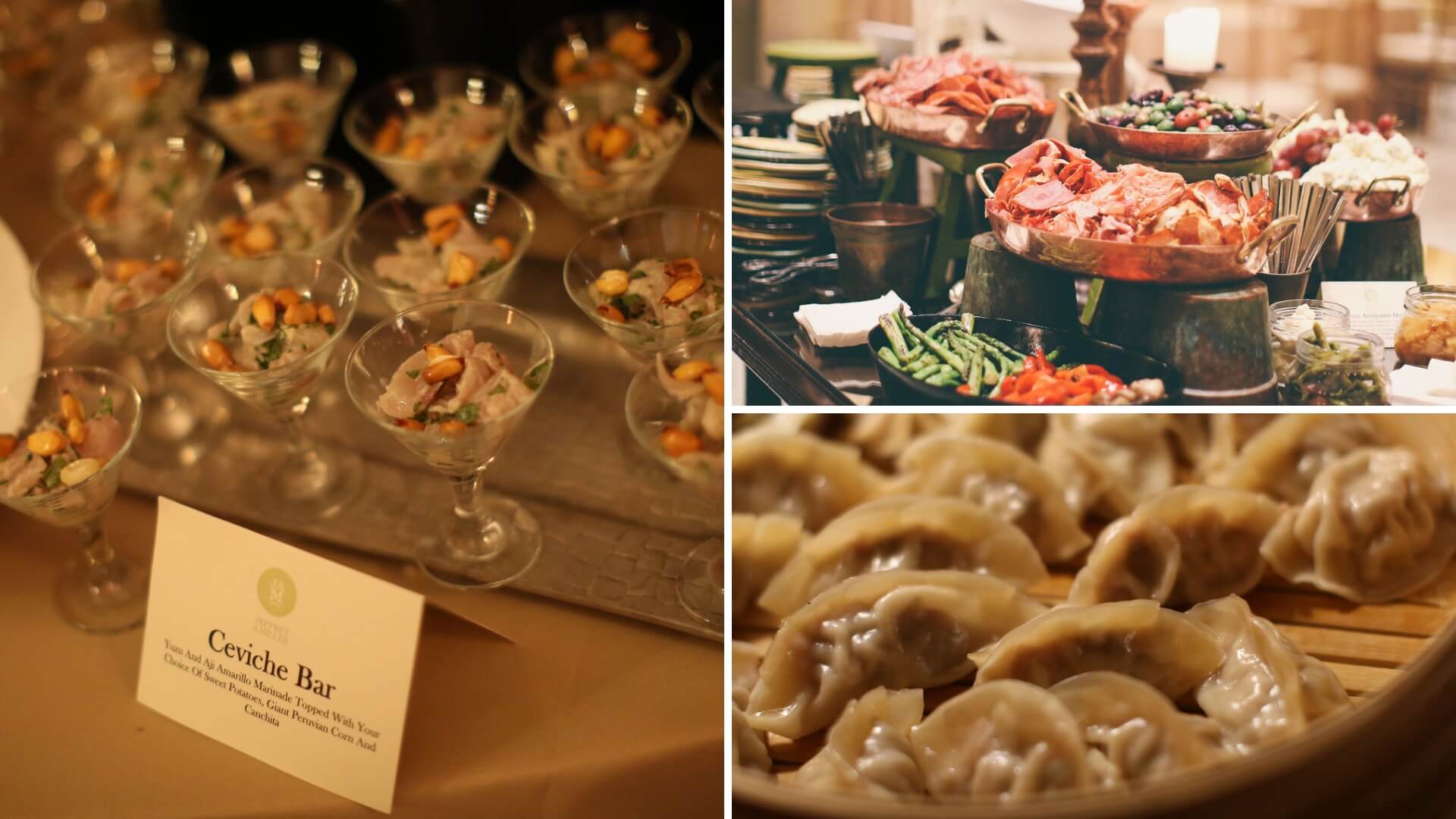 An assortment of gourmet food: ceviche in martini glasses, a charcuterie spread with meats and vegetables, and a plate of dumplings.