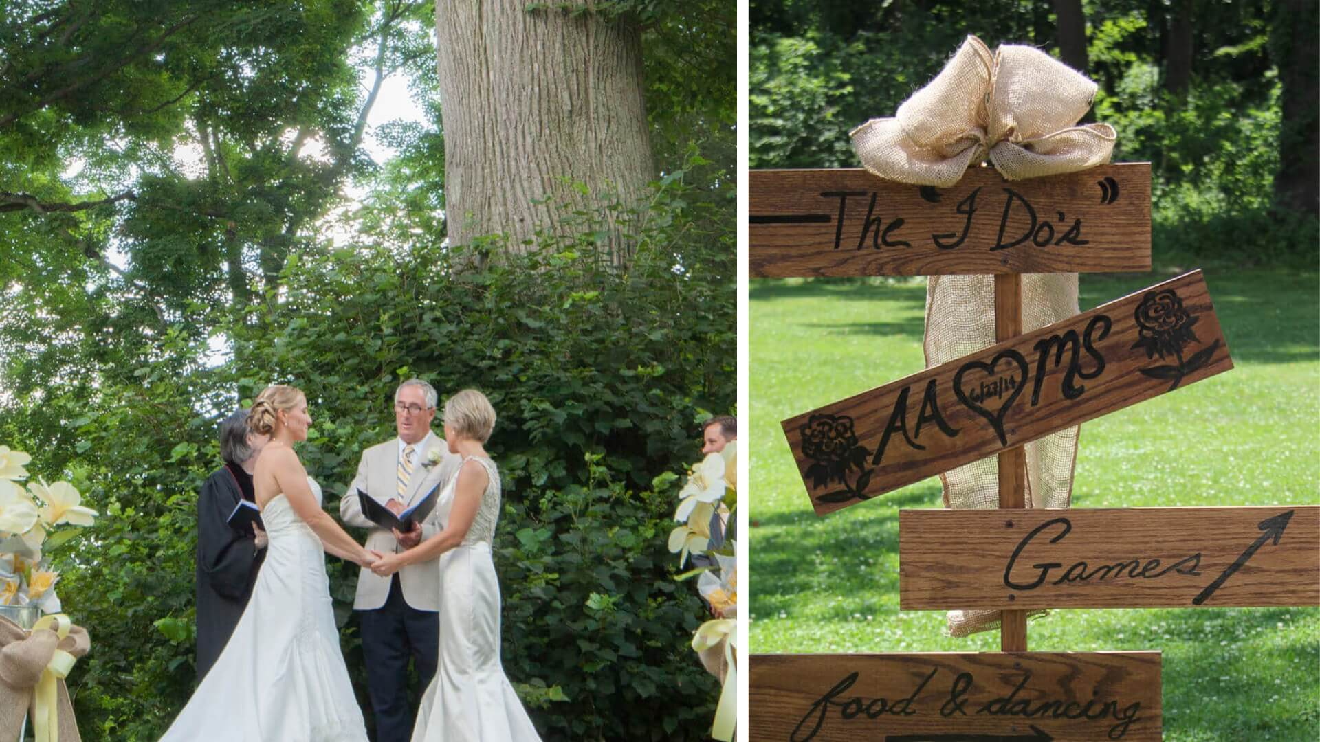 Two women in white dresses hold hands in an outdoor wedding ceremony with an officiant. A rustic wooden sign points towards various wedding activities.